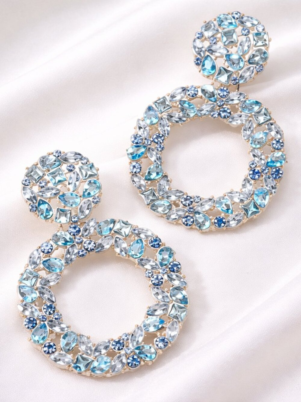 Blue Rhinestone Hoop Drop Earrings Statement Crystal Gold Tone Dangle Glam